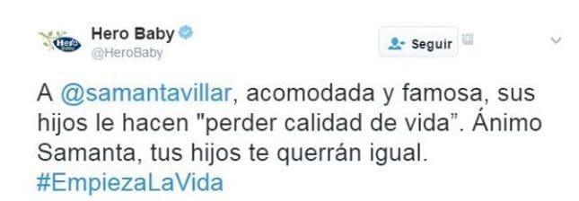 Hero Baby España lanza un tuit sin sentido contra Samanta Villar