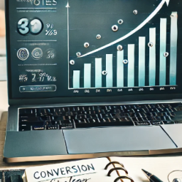 7 tácticas de conversión web. Ordenador mostrando el crecimiento del tráfico de una web.