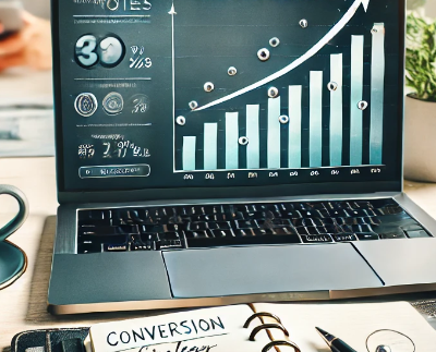 7 tácticas de conversión web. Ordenador mostrando el crecimiento del tráfico de una web.