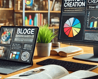 marketing de contenidos. Mesa de escritorio con un par de ordenadores y unos libros porque estamos trabajando en contenidos digitales