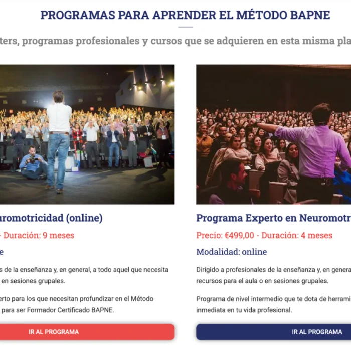 Sección de programas para aprender el método BAPNE con dos tarjetas de curso: Máster en Neuromotricidad (online) y Programa Experto en Neuromotricidad, cada una con precio, duración y botón de acción para ir al programa.