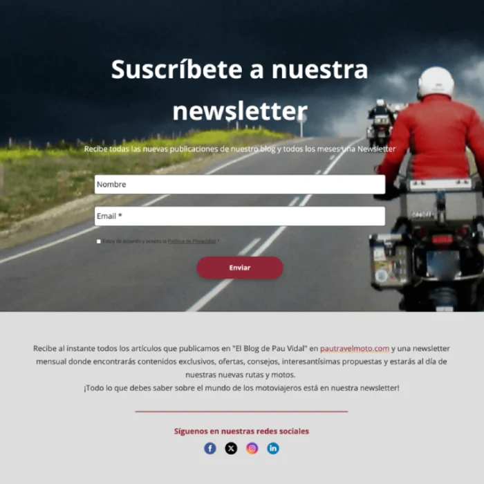 Encabezado: Suscríbete a nuestra newsletter, con formulario de nombre y correo y un botón Enviar sobre una carretera.