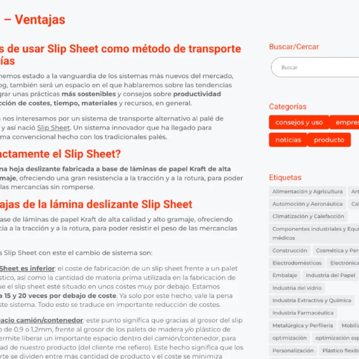 Blog page about Slip Sheet advantages with a right sidebar containing search and categories