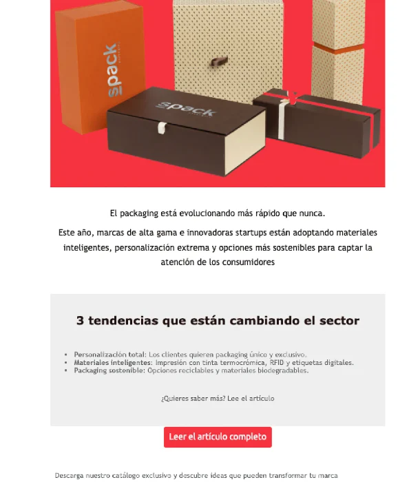 SPACK packaging newsletter con el contenido que compartimos con los clientes