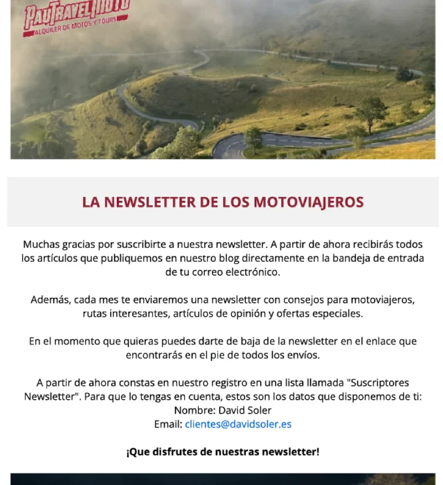 newsletter tipo para PauTravelMoto