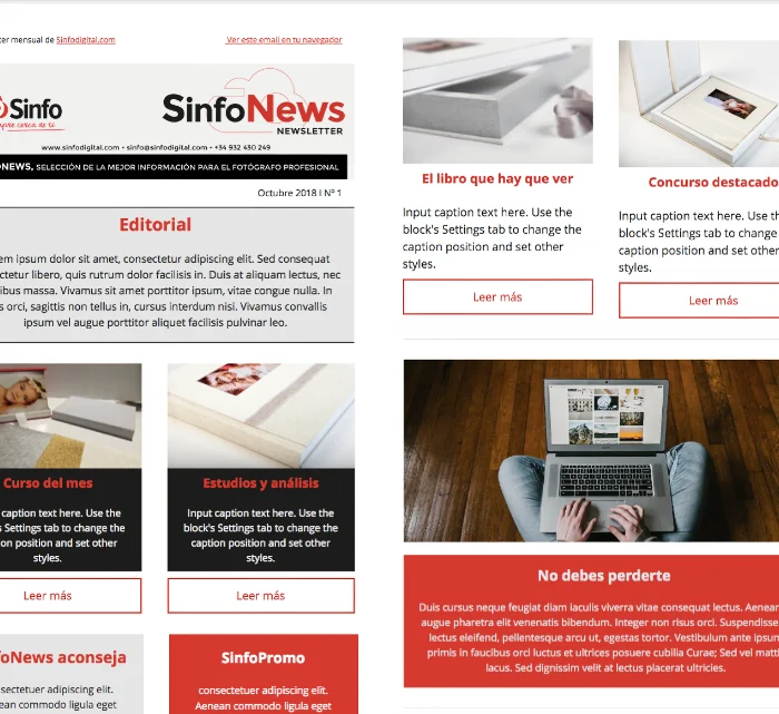 Newsletter layout mockup with branding, an Editorial block, and right-column features titled 'El libro que hay que ver' and 'Concurso destacado' with 'Leer más' buttons; bottom shows article tiles and a large laptop image on the right; red 'No debes perderte' banner area on the lower right.