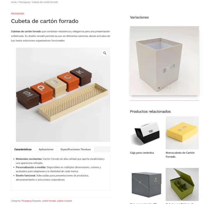 Spack es una empresa dedicada al packaging premium. Aquí se ve alguna de sus productos estrella como las cajas de cartón forrado.