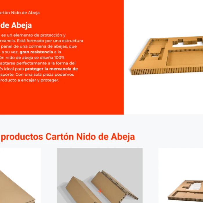 Cartón Nido de Abeja: panel informativo con un modelo 3D de la bandeja a la derecha.