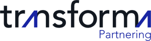Logotipo que incluye la palabra "transforming" en letras oscuras con detalles diagonales azules y la palabra "Partnering" en azul.