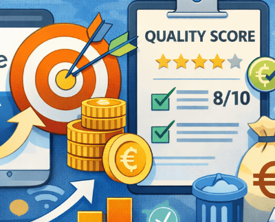 reducir el CPC en GoogleAds. Imágenes de dinero, quality score
