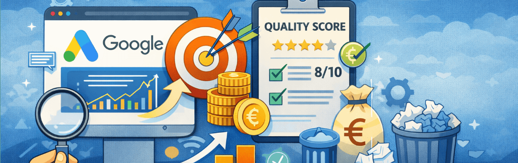reducir el CPC en GoogleAds. Imágenes de dinero, quality score