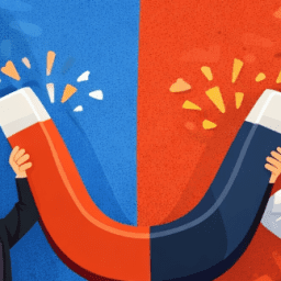 Ilustración de dos paneles: a la izquierda, un gran imán atrae monedas, sobres y gente que aplaude (fondo azul); a la derecha, un hombre frustrado junto a contenedores de basura desbordados, señales de advertencia y un cartel de "GRATIS" (fondo naranja). Ilustran lo que puede ser un lead magnet en tu estrategia de captación de leads