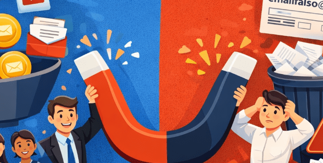 Ilustración de dos paneles: a la izquierda, un gran imán atrae monedas, sobres y gente que aplaude (fondo azul); a la derecha, un hombre frustrado junto a contenedores de basura desbordados, señales de advertencia y un cartel de "GRATIS" (fondo naranja). Ilustran lo que puede ser un lead magnet en tu estrategia de captación de leads