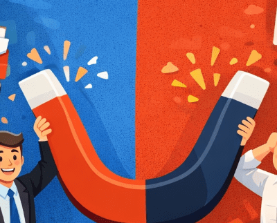 Ilustración de dos paneles: a la izquierda, un gran imán atrae monedas, sobres y gente que aplaude (fondo azul); a la derecha, un hombre frustrado junto a contenedores de basura desbordados, señales de advertencia y un cartel de "GRATIS" (fondo naranja). Ilustran lo que puede ser un lead magnet en tu estrategia de captación de leads