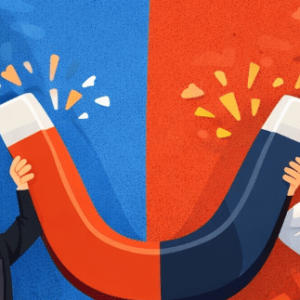 Ilustración de dos paneles: a la izquierda, un gran imán atrae monedas, sobres y gente que aplaude (fondo azul); a la derecha, un hombre frustrado junto a contenedores de basura desbordados, señales de advertencia y un cartel de "GRATIS" (fondo naranja). Ilustran lo que puede ser un lead magnet en tu estrategia de captación de leads