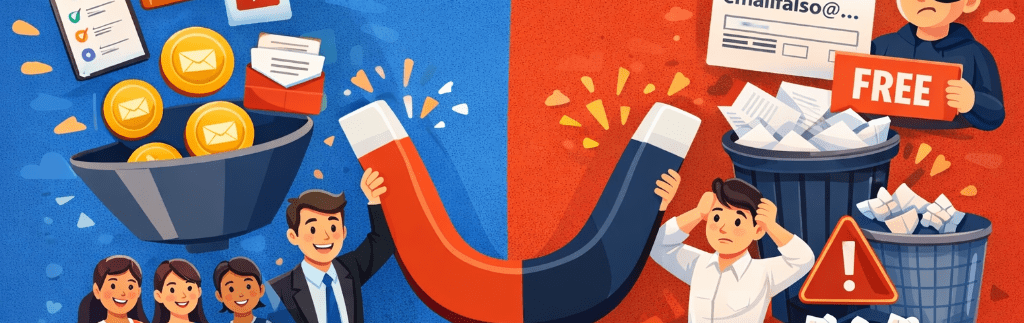 Ilustración de dos paneles: a la izquierda, un gran imán atrae monedas, sobres y gente que aplaude (fondo azul); a la derecha, un hombre frustrado junto a contenedores de basura desbordados, señales de advertencia y un cartel de "GRATIS" (fondo naranja). Ilustran lo que puede ser un lead magnet en tu estrategia de captación de leads